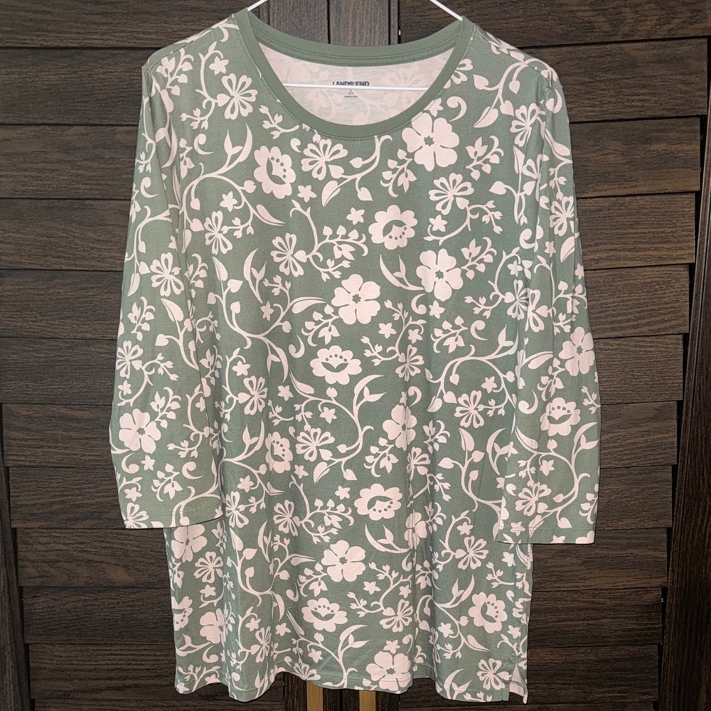 Lands' End Sage and Cream Floral Long Sleeve Tee Tunic